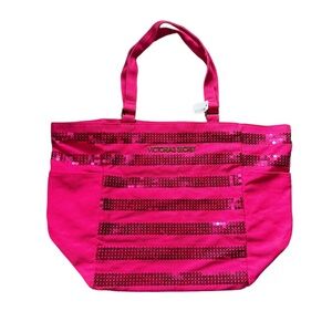 Victorias Secret NWT Hot Pink Sequin Striped Canvas Tote Bag Weekender w Pockets